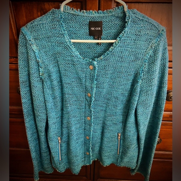 Worn Once NIC+ZOE Deserve It Fringe Detail Teal Bouclé Jacket - Picture 5 of 15